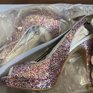 Rainbow glitter slingback peep toe 5” heels size 8 M Audrey Brooke NIB Stiletto